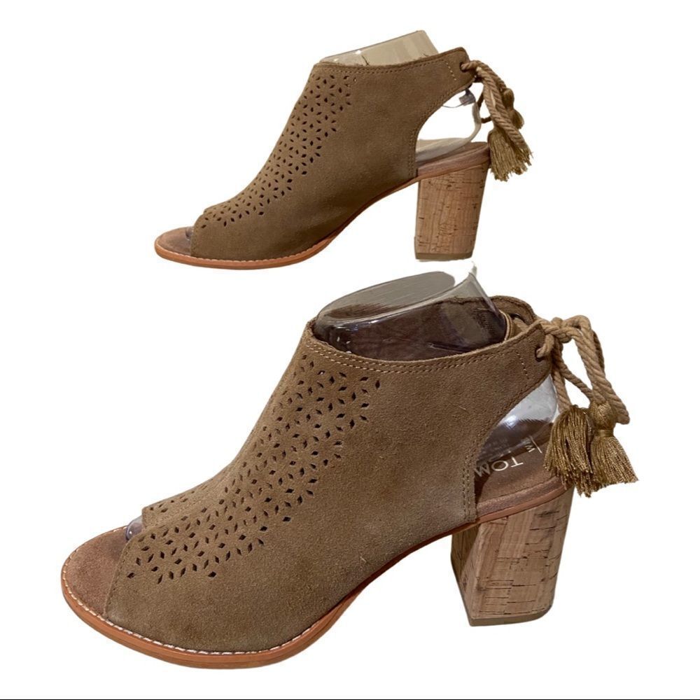 TOMS Tan Elba Suede Perforated Peep Toe Heeled Sandal - Picture 7 of 9